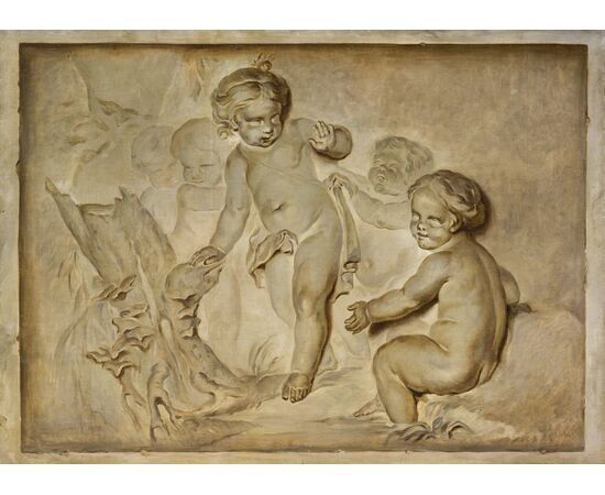Pair of paintings, oil on canvas, depicting trompe l'oeil with putti games, attributable to Piat Joseph Sauvage (Tournai, 1744 – 1818)