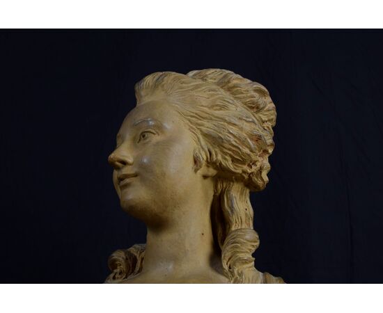 Coppia di busti francesi in terracotta poggianti su basi di marmo circolari, del XIX secolo, firmati sul retro. Coppia di busti francesi in terracotta poggianti su basi di marmo circolari, del XIX secolo, firmati sul retro.