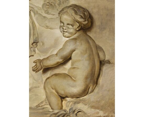 Pair of paintings, oil on canvas, depicting trompe l'oeil with putti games, attributable to Piat Joseph Sauvage (Tournai, 1744 – 1818)