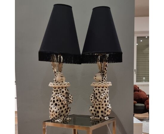 Lamp with Ceramic Rabbit Painted Dressed as Pierrot