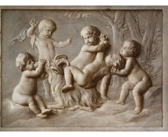 Pair of paintings, oil on canvas, depicting trompe l'oeil with putti games, attributable to Piat Joseph Sauvage (Tournai, 1744 – 1818)