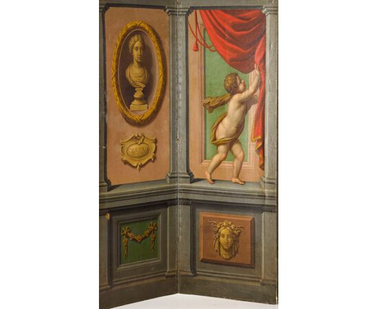 Large neoclassical screen with four panels painted in oil on canvas, Italy, second half of the 18th century