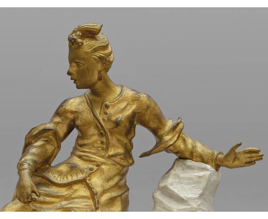 Pair of gilded bronze sculptures on marble base depicting Chinese figures, France, 18th century Pair of gilded bronze sculptures on marble base depicting Chinese figures, France, 18th century