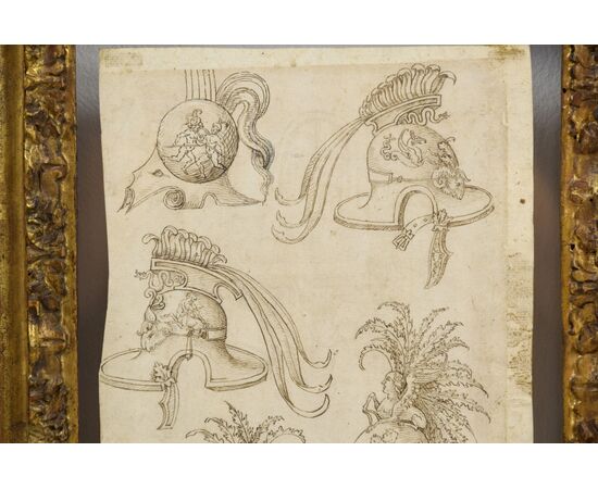 Pair of ink drawings on paper with studies for grotesques, friezes, and helmets. Central Italian painter of the 17th century