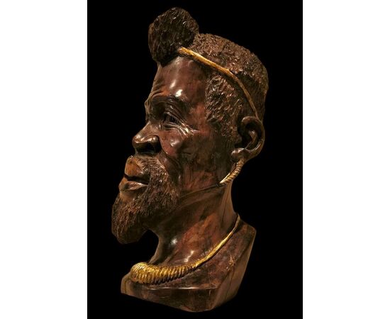 Large 19th Century Wooden Sculpture: Head of an African Man with Golden Decorations Large 19th Century Wooden Sculpture: Head of an African Man with Golden Decorations