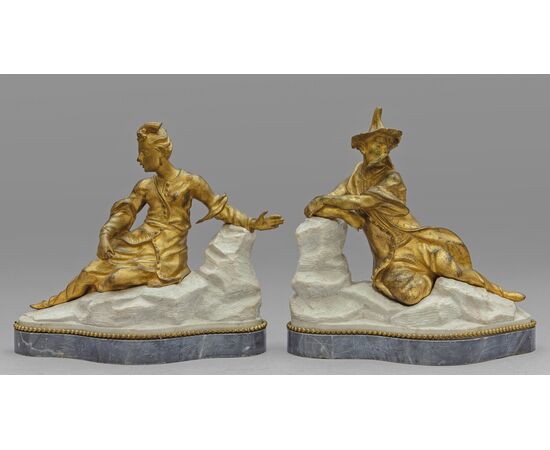 Pair of gilded bronze sculptures on marble base depicting Chinese figures, France, 18th century Pair of gilded bronze sculptures on marble base depicting Chinese figures, France, 18th century
