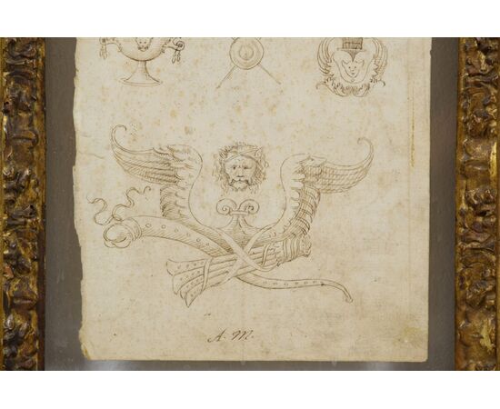 Pair of ink drawings on paper with studies for grotesques, friezes, and helmets. Central Italian painter of the 17th century