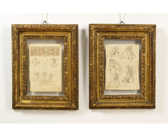 Pair of ink drawings on paper with studies for grotesques, friezes, and helmets. Central Italian painter of the 17th century