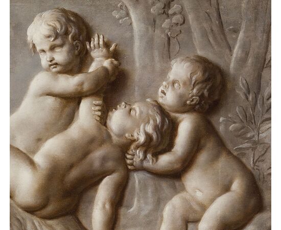 Pair of paintings, oil on canvas, depicting trompe l'oeil with putti games, attributable to Piat Joseph Sauvage (Tournai, 1744 – 1818)