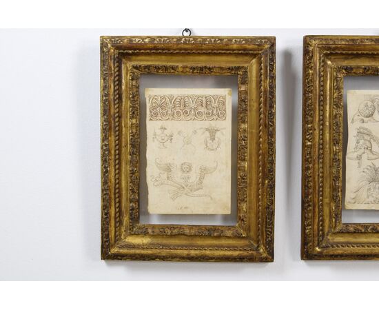 Pair of ink drawings on paper with studies for grotesques, friezes, and helmets. Central Italian painter of the 17th century