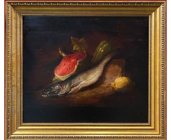 STILL LIFE WITH WATERMELON AND HAKE 19TH CENTURY OIL ON PANEL