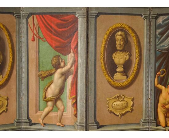 Large neoclassical screen with four panels painted in oil on canvas, Italy, second half of the 18th century