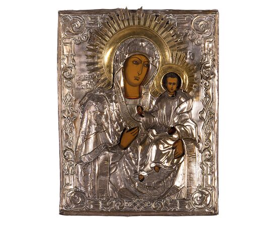 Icon depicting the Madonna and Child, painting on wood panel, embossed silver-plated copper Riza, 19th century
