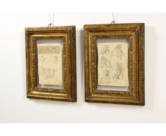 Pair of ink drawings on paper with studies for grotesques, friezes, and helmets. Central Italian painter of the 17th century
