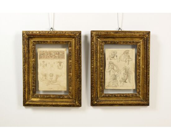 Pair of ink drawings on paper with studies for grotesques, friezes, and helmets. Central Italian painter of the 17th century