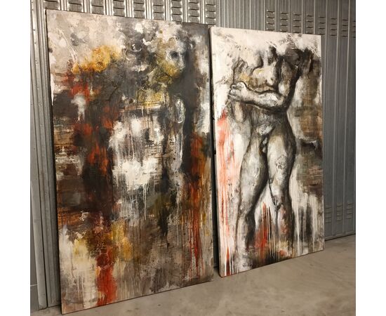 Coppia di olii su tela nudo figurativo arte moderna firmato