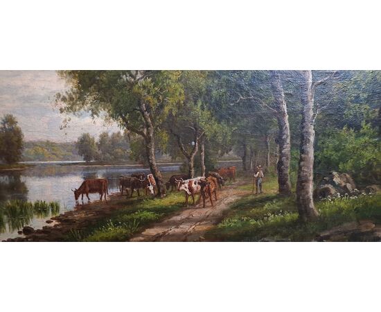 LANDSCAPE WITH FIGURE AND COWS - FRANCE - 1885 LANDSCAPE WITH FIGURE AND COWS - FRANCE - 1885
