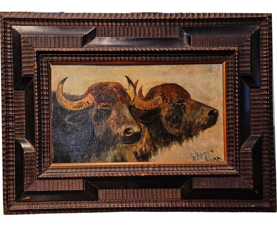 "BUFFALO HEADS" - OIL ON THICK CARDBOARD - GIUSEPPE RAGGIO (1823 - 1916)