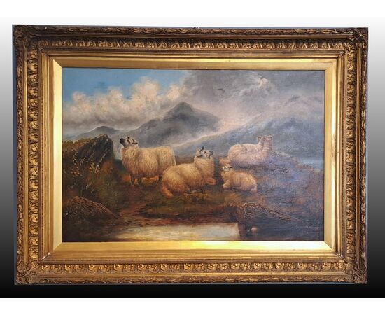 MOUNTAIN PASTURE WITH SHEEP - FRANCE - 19TH CENTURY