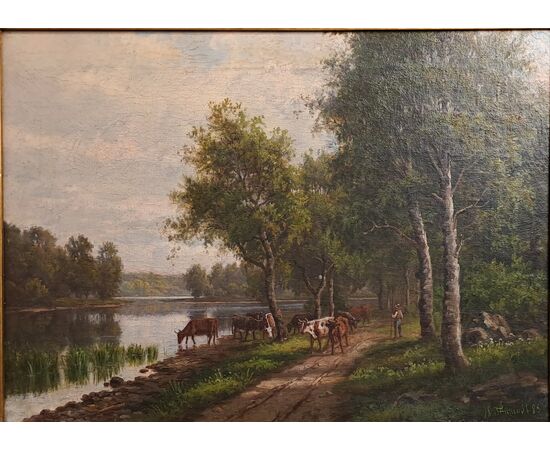LANDSCAPE WITH FIGURE AND COWS - FRANCE - 1885 LANDSCAPE WITH FIGURE AND COWS - FRANCE - 1885