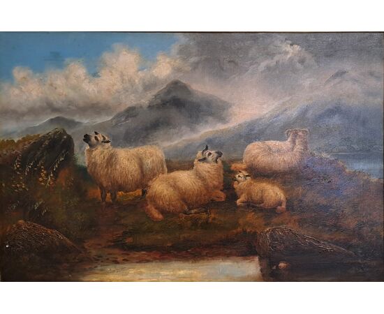 MOUNTAIN PASTURE WITH SHEEP - FRANCE - 19TH CENTURY
