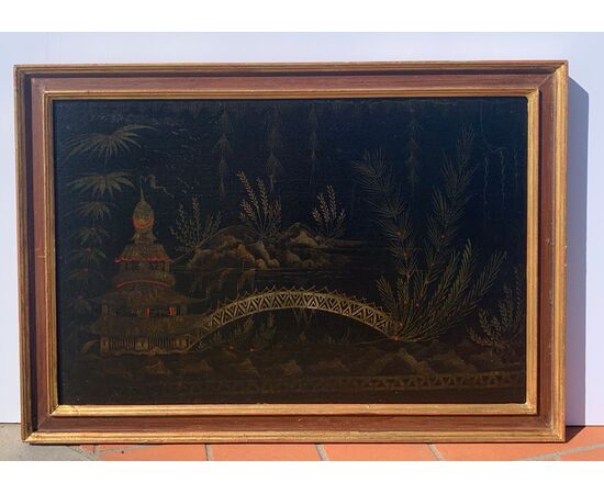 Chinese painter (18th century) - Oriental scene with pagoda and bridge. Chinese painter (18th century) - Oriental scene with pagoda and bridge.