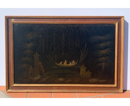 Chinese Painter (18th Century) - Oriental scene with a boat on the river. Chinese Painter (18th Century) - Oriental scene with a boat on the river.