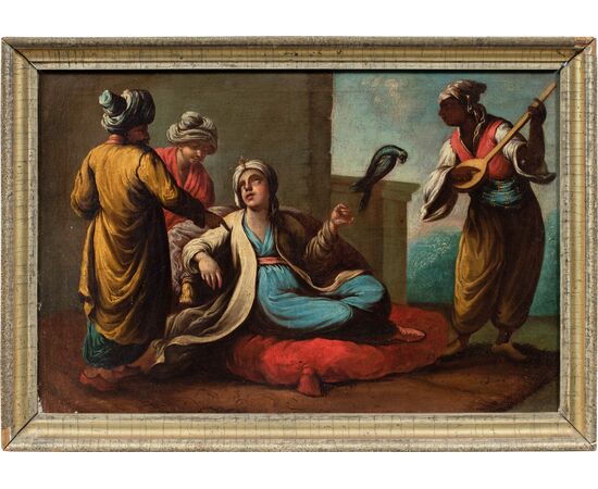 Venetian painter (18th century) - Turkish nobles with parrot and musician. Venetian painter (18th century) - Turkish nobles with parrot and musician.