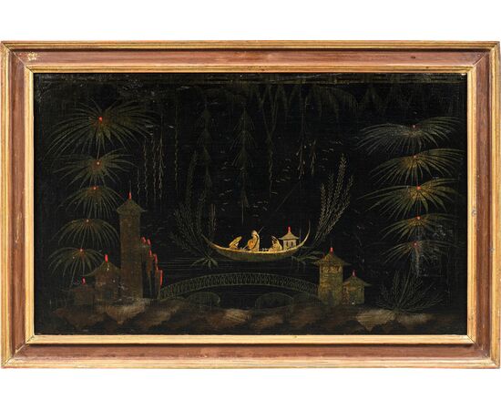 Chinese Painter (18th Century) - Oriental scene with a boat on the river. Chinese Painter (18th Century) - Oriental scene with a boat on the river.