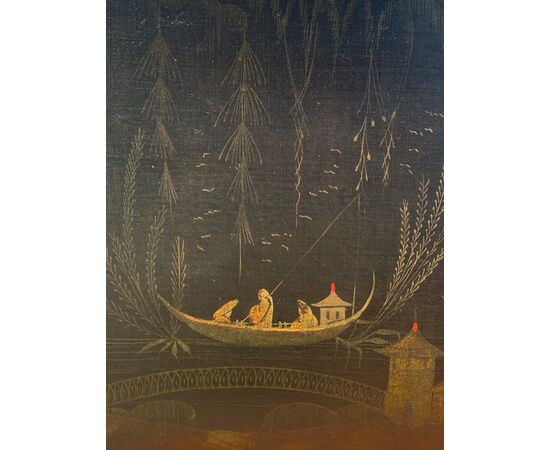Chinese Painter (18th Century) - Oriental scene with a boat on the river. Chinese Painter (18th Century) - Oriental scene with a boat on the river.