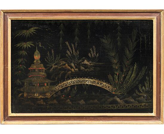 Chinese painter (18th century) - Oriental scene with pagoda and bridge. Chinese painter (18th century) - Oriental scene with pagoda and bridge.
