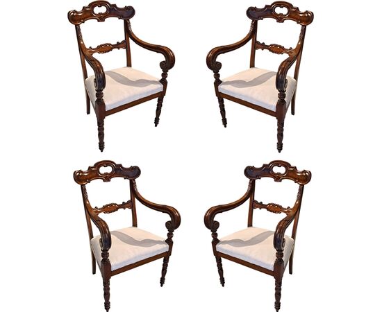 FOUR WALNUT ARMCHAIRS - GENOA - 19TH CENTURY