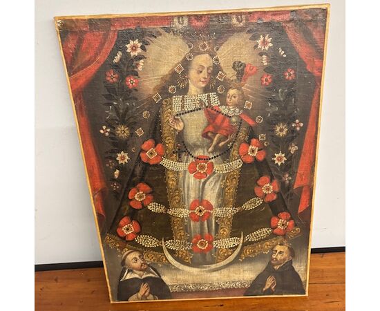 Antico dipinto scuola di Cuzco Olio su tela XVII sec Madonna di Pomata,Gesu’ , S. Nicola da Tolentino e S. Francesco.  Mis 57x 42,5 Antico dipinto scuola di Cuzco Olio su tela XVII sec Madonna di Pomata,Gesu’ , S. Nicola da Tolentino e S. Francesco.  Mis 57x 42,5