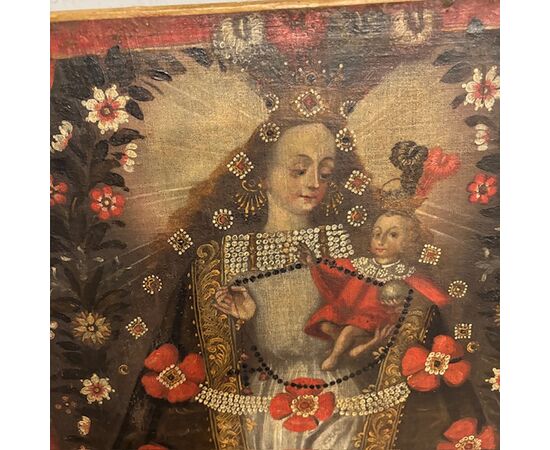 Antico dipinto scuola di Cuzco Olio su tela XVII sec Madonna di Pomata,Gesu’ , S. Nicola da Tolentino e S. Francesco.  Mis 57x 42,5 Antico dipinto scuola di Cuzco Olio su tela XVII sec Madonna di Pomata,Gesu’ , S. Nicola da Tolentino e S. Francesco.  Mis 57x 42,5