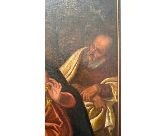 Dipinto olio su tela raffigurante Sacra Famiglia con San Giovannino.