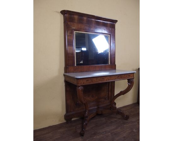 Carlo X style walnut console with mirror, 19th century Carlo X style walnut console with mirror, 19th century