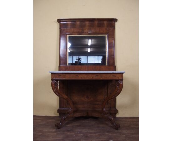 Carlo X style walnut console with mirror, 19th century Carlo X style walnut console with mirror, 19th century