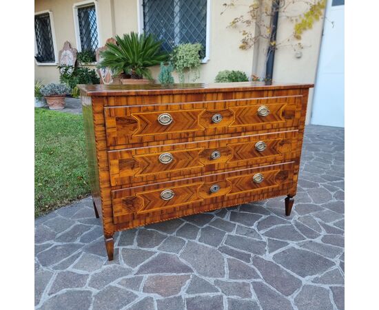 18th Century Louis XVI Modenese chest of drawers in walnut with various woods and inlays