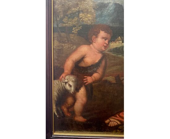 Dipinto olio su tela raffigurante Sacra Famiglia con San Giovannino.