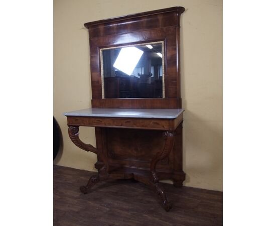 Carlo X style walnut console with mirror, 19th century Carlo X style walnut console with mirror, 19th century