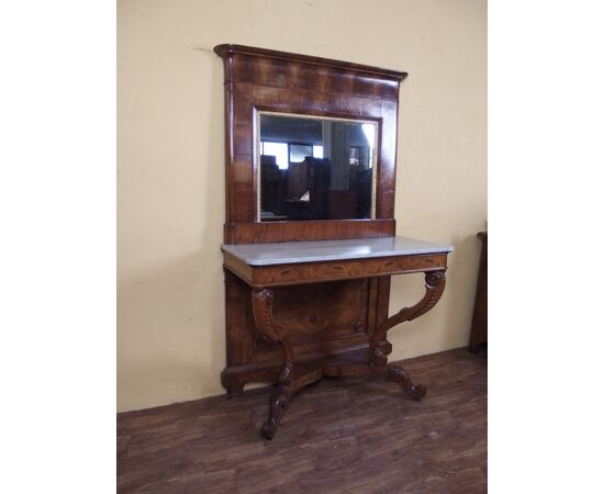 Carlo X style walnut console with mirror, 19th century Carlo X style walnut console with mirror, 19th century