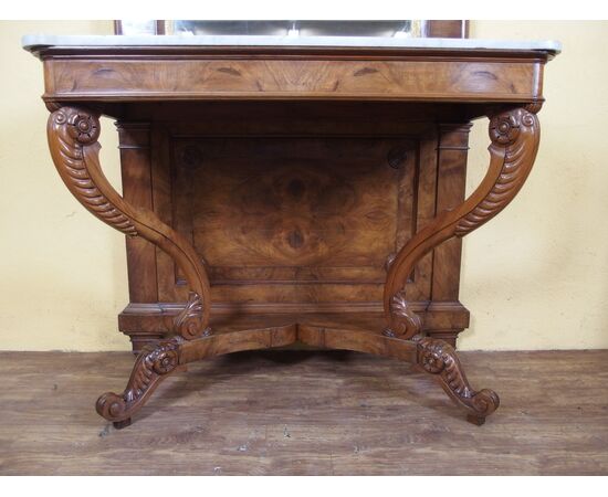 Carlo X style walnut console with mirror, 19th century Carlo X style walnut console with mirror, 19th century