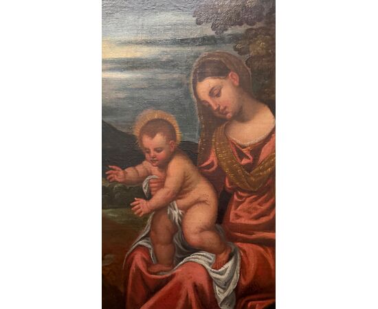 Dipinto olio su tela raffigurante Sacra Famiglia con San Giovannino.