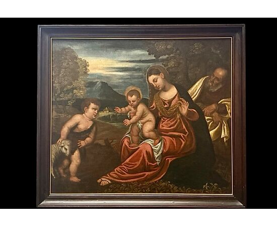 Dipinto olio su tela raffigurante Sacra Famiglia con San Giovannino.
