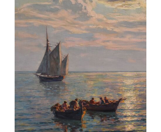 QUADRI ANTICHI, QUADRI MARE, MARINA CON VELIERO, PITTURA AD OLIO SU TELA, DELL'800. (QM701)