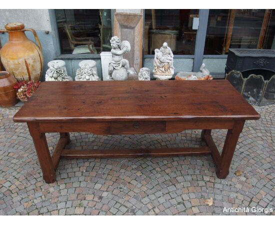 RECTANGULAR WALNUT TABLE WITH DRAWER, LATE 18TH CENTURY, RESTORED cm L200xW77xH78