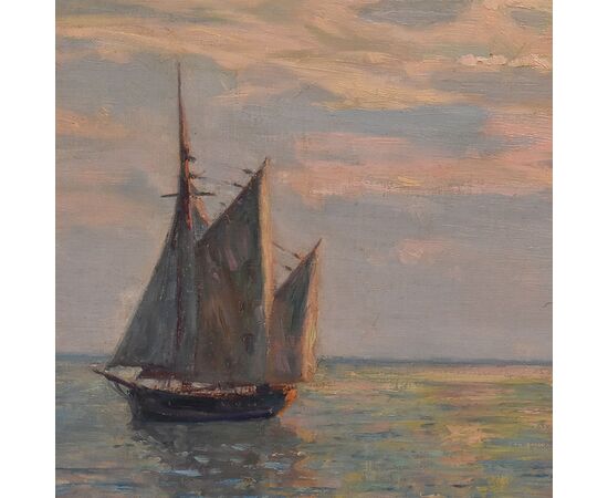 QUADRI ANTICHI, QUADRI MARE, MARINA CON VELIERO, PITTURA AD OLIO SU TELA, DELL'800. (QM701)