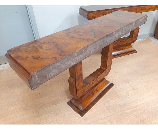 Coppia di grandi console art deco razionaliste in noce e radica anno 1930