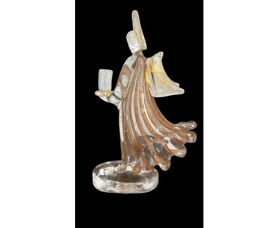 Murano glass angel candlestick with aventurine vertical bands.