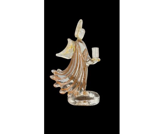 Murano glass angel candlestick with aventurine vertical bands.